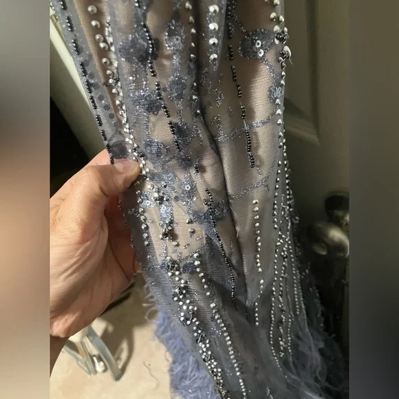 Jovani 02326 Beaded Feather Embellished Vintage Blue Dress Gown Size 10